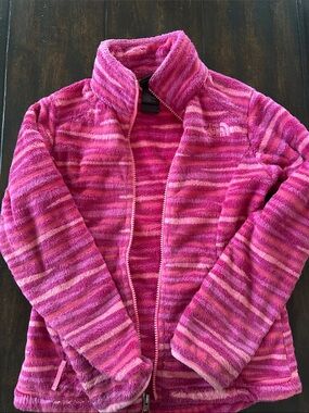 The North Face Girls' Pink Striped Fleece Zip Jacket (Size S / 7)